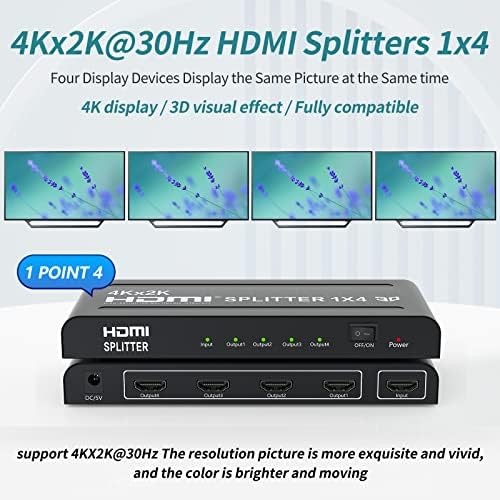 HDMI Splitter 1 на 4 Out, 4K HDMI Splitter 1x4 Audio Video Splitter HDMI Splitter за мулти-екран на дисплеј, поддршка 4K Ultra HD & 3D, 4-насочни HDMI Splitters за комерцијална канцеларија/PS4/HDTV/проектор