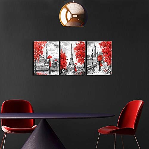 Dekhome 3 парче Париз платно отпечатоци од wallидна уметност црна и црвена романтична двојка wallидна уметност декор Ајфел кула Биг Бен сценографија слика уметнички дела ?
