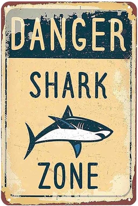 Опасна ајкула зона Опасен метален знак дома паб wallиден декор, пазете се на знак за ајкула за плака постери кафе -wallидна уметност знак подарок 12 x 8 инчи