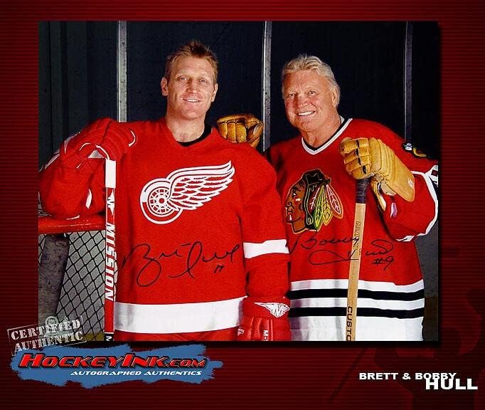 Боби и Брет Хул потпишаа 16 x 20 Фото -77091 Чикаго и Детроит - Автограмирани фотографии од НХЛ