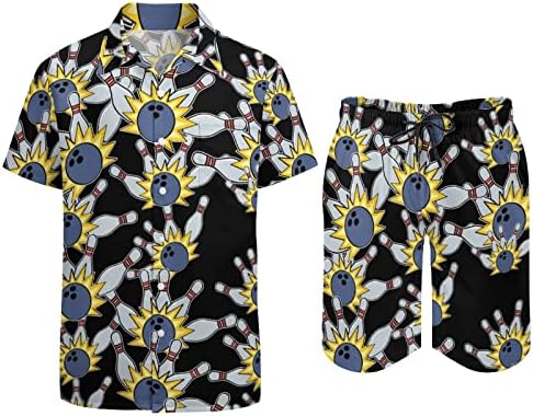 Weedkeycat Bowling Ball Man's Man's Beach Outfits 2 Piece Hawaiian копче надолу со кошула Краток ракав и Shorts Track Sett