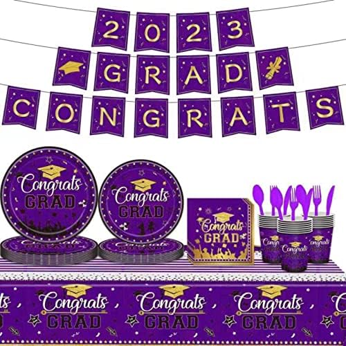 2023 година за дипломирање забава за украси за украси Постави виолетова и златна класа од 2023 година Дипломирање Декорации Сет за вечера - Фаворит за дипломирање 2023 Де