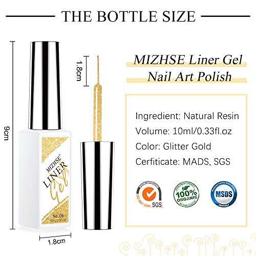 Mizhse Gel Liner Nail Art Полски сет сјајно златен гел боја за нокти уметност, душеци за нокти Дизајн на сликање на француски комплет за