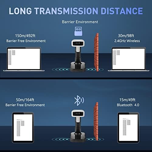 2d Скенер за безжичен баркод, JRHC со приказ на екранот 1D 2D QR бар -код скенер Bluetooth & 2.4GHz Reader Scanner 2000mah Батерија