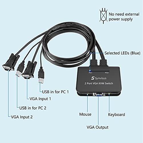 Synvisus VGA Kvm Прекинувач 2 Порта со VGA &засилувач; USB Кабли, Поддржува до 1080p@60Hz, EDID, 2 Во 1 Надвор KVM Прекинувач Кратенка Прекинувач