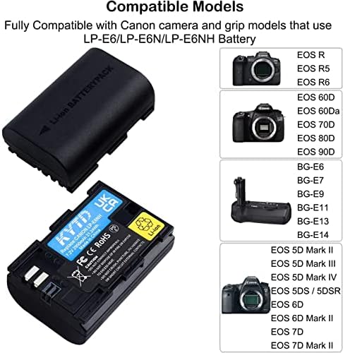 KYTD LP -E6NH Батерија за Canon EOS R R5 R6 EOS 90D 60D 70D 80D EOS 5D II 5D III 5D IV 5DS, EOS 6D 6D II EOS 7D 7D MARK II камери -А со висок