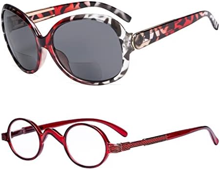 Eyekepper Заштедете 10% на 1 пакет Мали овални кружни очила за читање Очила за сонце црвена и 1 пакет со преголема бифокална очила за сонце црвена желка +3,00