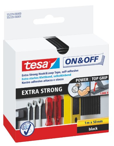 TESA® вклучена и исклучена силна леплива лента - самолеплива лента за приложување на тешки предмети, екстра силна - црна - 100