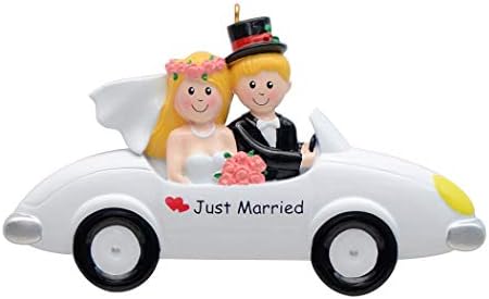 Само оженет свадбен автомобил Божиќен украс Персонализирана русокоса коса невеста за младоженец, украсен украсен двојка, 1 -ви подарок