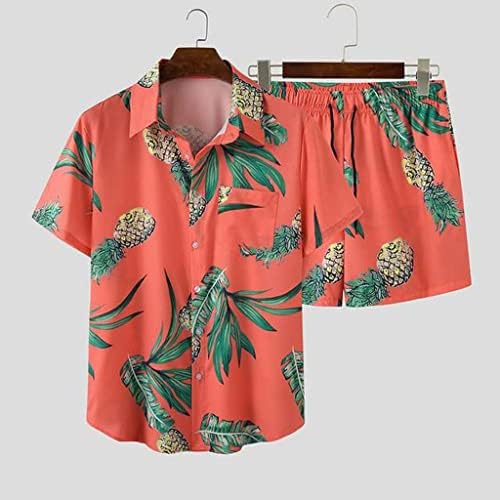 TJLSS летни мажи печатени комплети со кратки ракави лапел плажа кошула за одмор, маички шорцеви мажи хавајски костум 2 парчиња улична облека
