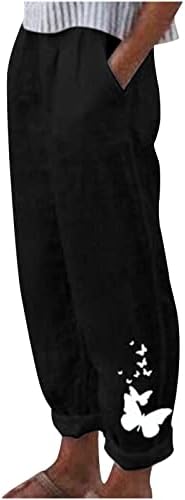 Gufesf Women'sенски исечен памучен постелнина Каприс панталони Обични баги харем панталони со џебови Каприс за жени облечени