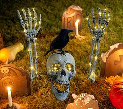 Декорации за Ноќта на вештерките, осветлени влогови на скелети со сет на врана, со 42 LED топли бели светла, најдобри украси за Ноќта на вештерките