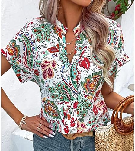 Womenените цветни печатени врвови 2023 летни летни обични кратки ракави маица лабава v-врат пулвер кошула туники фустани блузи