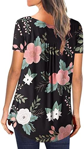 Женска цветна печатена маица скриј стомак лабава проточна туника блуза со кратки ракави за кратки ракави нагоре, највисока кошула за
