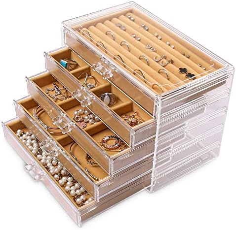 Frebeauty Екстра голема акрилна кутија за накит за жени 5 слоја јасен организатор за накит со кадифено обетки со 5 фиоки прстени приказ на