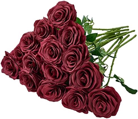 Царлита цути 15 парчиња вештачки розови цвеќиња долги матични бургундски лажни свилени рози за DIY свадбени букети за табели за дома
