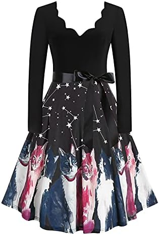2022 haveенски Ноќта на вештерките Графички фустан гроздобер туничен фустан ретро долг ракав цветен коктел забава за слободно време