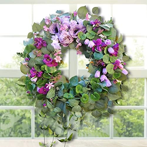 Сакам да се караат од 24 инчи пролетен божур цветен венец за влезна врата со виолетова цвет од лалиња за свадба или домашен декор
