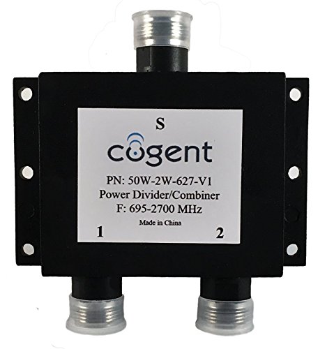 Двонасочен сплитер на моќност на Cogent со женски конектори од 50 ом, кои поддржуваат 695-2700 MHz