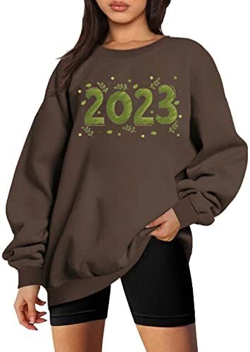 Зелена 2023 Графичка маичка за жени паѓаат преголеми врвови на пулвер, нова година од одмор на долги ракави, кошули со екипаж на екипаж
