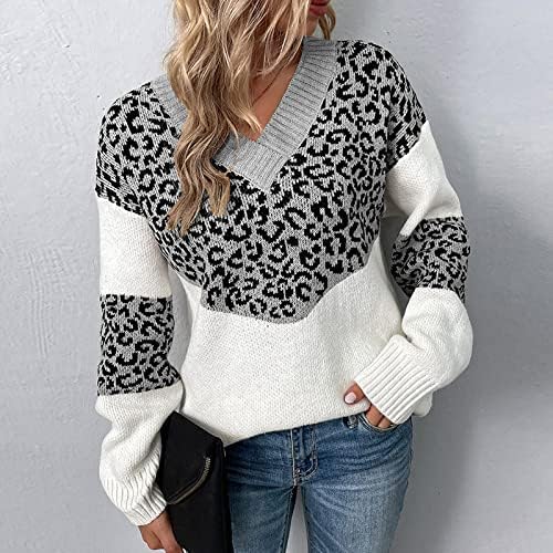 Џемпери за пулвер за печатење на леопард за жени против вратот со долг ракав моден случајн блок во боја, плетени скокач врвови