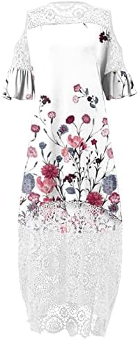 Женски плус големина вечерни фустани чипка ладно рамо екипа на цвеќиња на врата, лежерна долга обична забава макси фустан