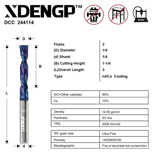 XDENGP Down Cut Spiral Router Bit за CNC, дијаметар за сечење 1/4 инчи и должина на сечење 1/4 инчи 1/4 инчи со обложена мелница за карбид за облога