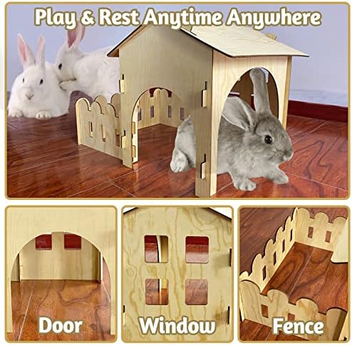 Fhiny дрвен замок замок замок со ограда, мал одмор на животни и игра за играње куќа со прозорец што може да се одвои во зајачки