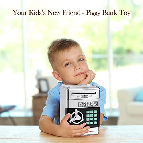 Shomote Piggy Bank for Boys, Auto Scroll Pare Money Atm Machine со безбедно заклучување на лозинка, електронска реална монета банка за заштеда на пластика, играчки за подароци за 4 5 6 7 8 9 10 годин