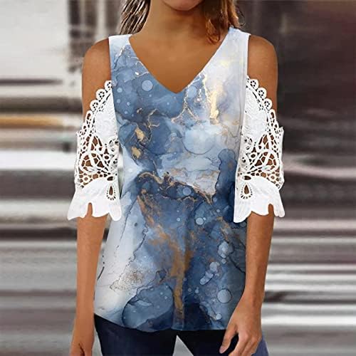 Женски маички лабави вклопени, ладно рамо 3/4 ракав маичка облечена чиста чипка блузи плус големина елегантна тунична маичка