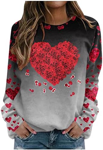 Womenенски срцев цветен графички пуловер редовно вградени обични маички кошули екипаж вратот лабави џемпери на вinesубените