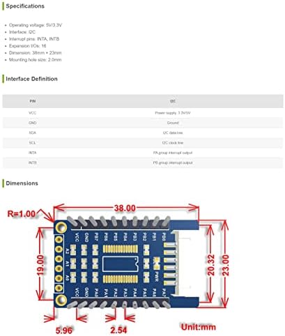 Coolwell Waveshare MCP23017 IO Expansion Board I2C Interface се проширува 16 I/O PINS Stack To 8 парчиња за Raspberry Pi Raspberry Pi 4B+ 4B 3B+ 3B 2B+ Zero W WH 2 W Micro: Bit Ardui STM32