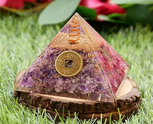 Пјуор аметист оргон пирамида со бакарна калем кристална точка пирамида фенг шуи монета оргонит камен хартиени камења наполнет кристали богатство