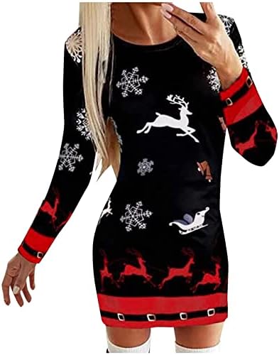 Божиќни дами бодински фустани за жени елени снегулка печати долг џемпер фустан каузален џемпери со долг ракав туника