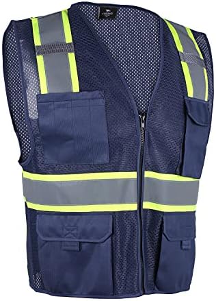 Vendace Hi vis Safety Reflective Mesh Vest за мажи ANSI Class 2 Висока видлива елек со 8 џебови и патент