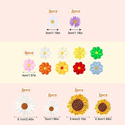 21 парчиња везени цвеќиња Ironелезо на закрпи, цветни закрпи Апликат маргаритки за зачеки од сончоглед за лепенки за шиење цвеќиња