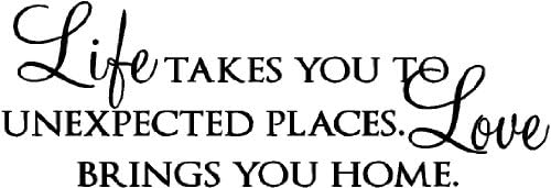 Епски дизајни, животот ве носи на неочекувани места. Loveубовта ве носи дома “. Инспиративни wallидни изреки за уметност винил декларативни букви