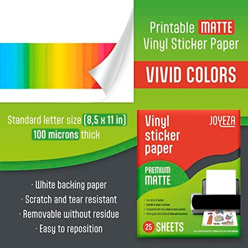 Prime Premium Printium Printer Vinyl налепница за печатач со инк -џет - 25 листови мат бел водоотпорен, се суши брзо живописни бои, држи