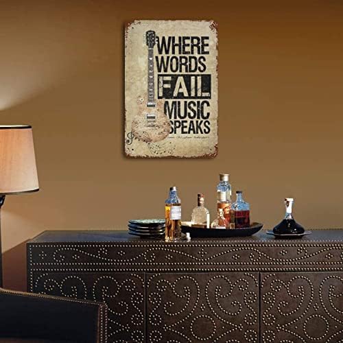 Leizentin Vintage Clign Sign, гитара, каде што зборовите не успеваат музика, зборува дома бар постер wallиден декор ретро метален знак 8x12inch