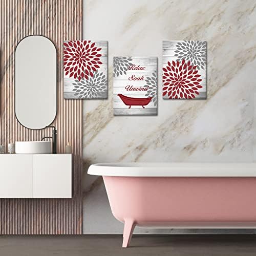 Фушвер црвен бања wallиден декор, сива и бургундска када слики Уметнички дела на платно рустикален цвет Дахлија со релаксирано натопување