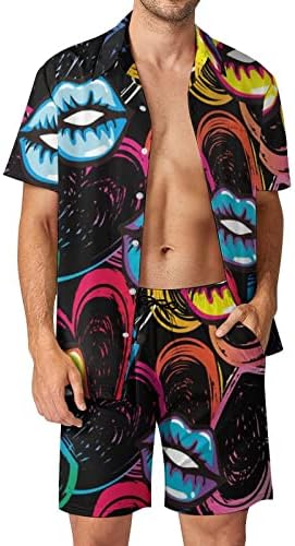 Weedkeycat убавина бакнеж усни стилски модел за мажи на плажа на плажа 2 парчиња хавајски копче надолу со кошула кратки ракави сетови