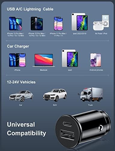 iPhone 13 PRO CAR CARGER, [Apple MFI овластен] Адаптер за полнење на брз автомобил, двојна порта USB A и USB C приклучок со 2PACK