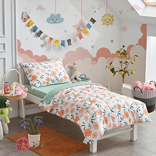 4 парчиња бели девојки мали деца за постелнина поставени портокалови цветни стил - вклучува симпатична ватирана цветна утеха, зелена