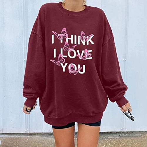 Мислам дека те сакам џемпер, женска смешна буква печатена графичка џемпер преголема долга ракава екипа на вратот пулвер