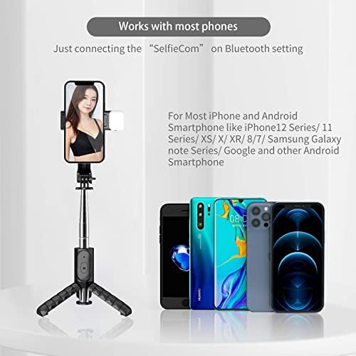 Selfie Stick, Extendable Travel Selfie Stick Tripod со затемнето LED светло и одвојување безжичен далечински управувач, компатибилен со iPhone 13 12 11 X XS MAX 8 7 Plus Smsung Smartphone