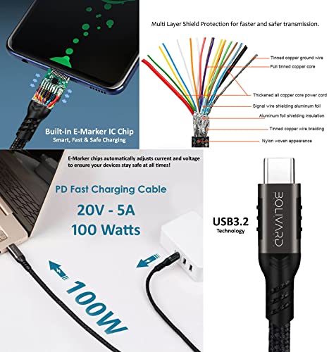 Bolivard USB C до USB C премиум кабел PD Брзо полнење, трансфер на податоци, излез на видео, компатибилен со сите уреди со влез USB-C, црна