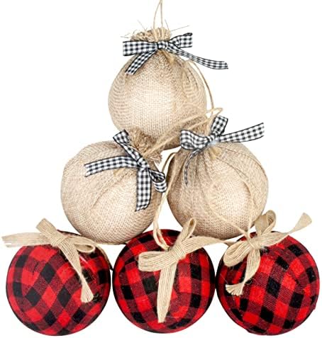 6 парчиња фарма куќа преголема биволска карирана проверка на ткаенина топка што виси украс сет декоративна топка за новогодишна елка в