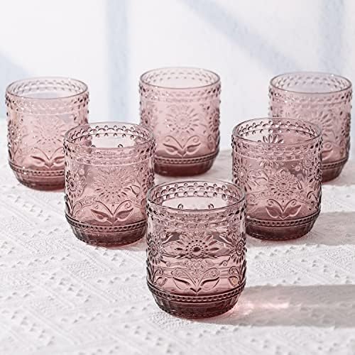 Воздушен Комплет од 6 Црвени Гроздобер Стакларија за Пиење - 12оз Розови Чаши За Пиење Стакло, Дебели Чаши За Пиење Фарма,