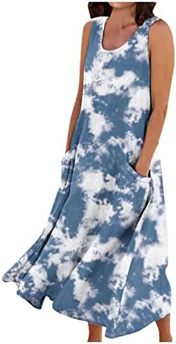 Ayaso Women'sенски 2023 Боемски цветни печатени фустани без ракави, екипаж на екипажот на вратот, а-линија, џебна плажа забава
