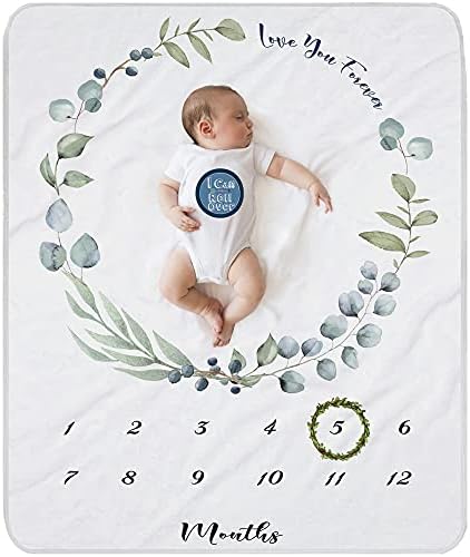Месечно ќебе на месечното бебе на бебето за момче за девојче Неутрален подарок за бебешки туш, фабрика за еукалиптус за новороденче, вклучени венци од зелени лисја